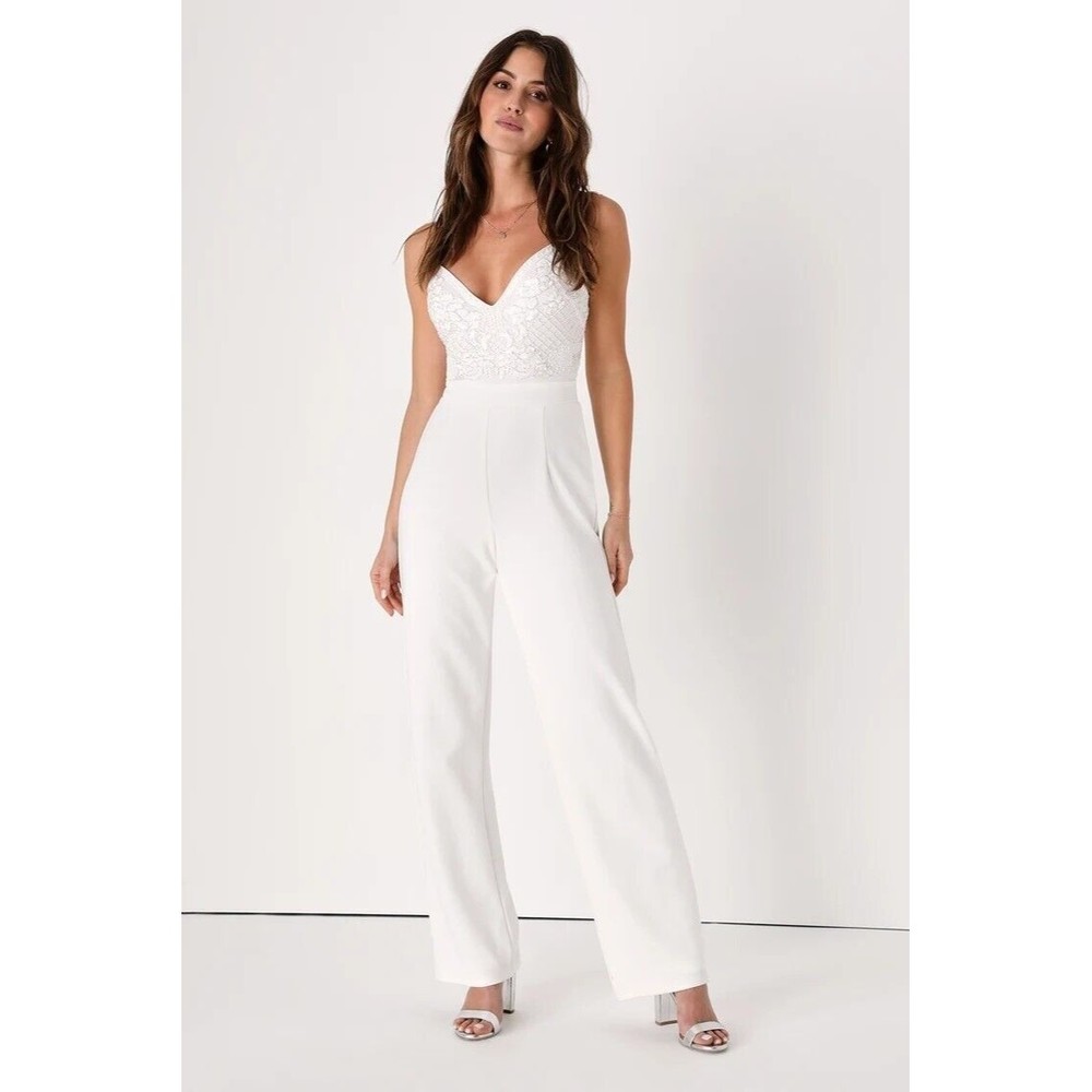 NWT Size Medium Lulus White Beaded Sequin Wide-Leg Jumpsuit. 91J1742